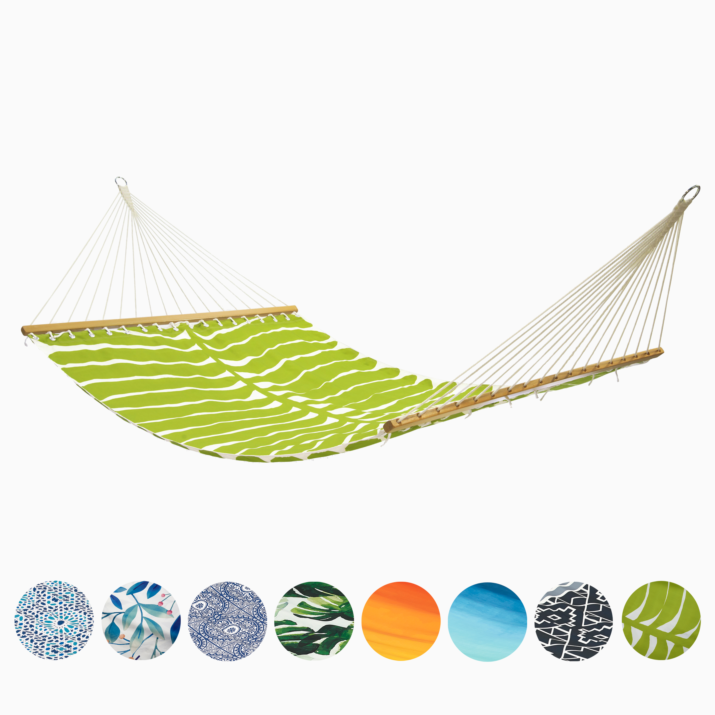 Full view of green leaf print hammock above a row of color and pattern swatches